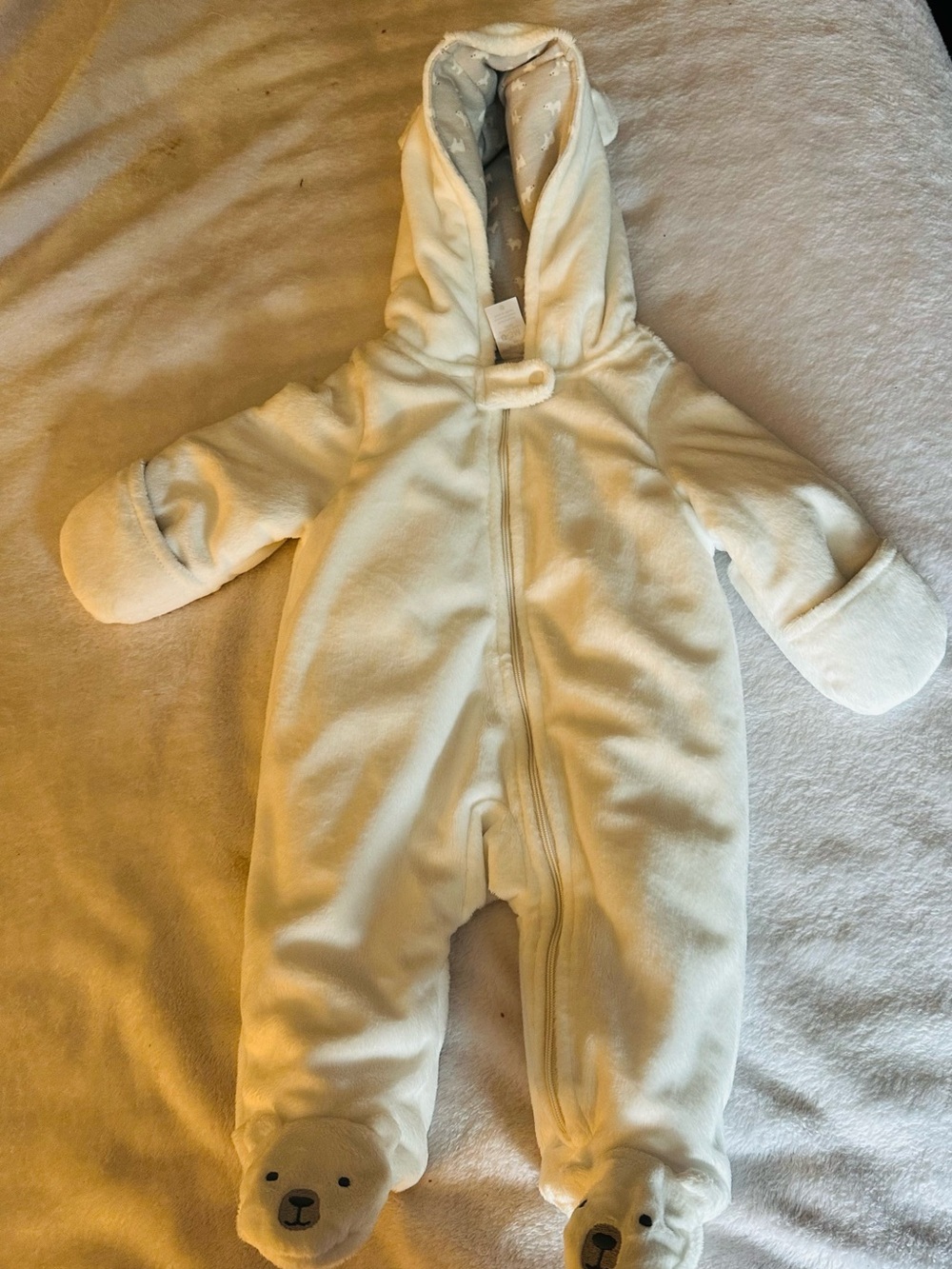 Plush Cream Hooded Baby Footed One-Piece